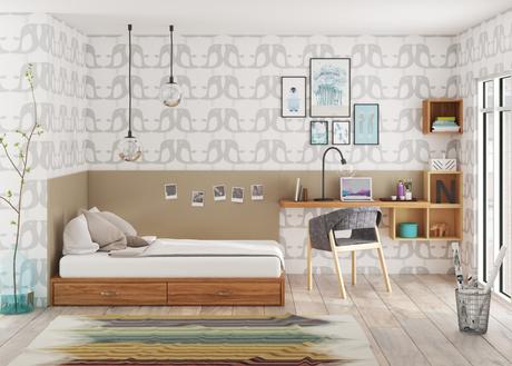 dormitorio juvenil moderno con cabezal en pared