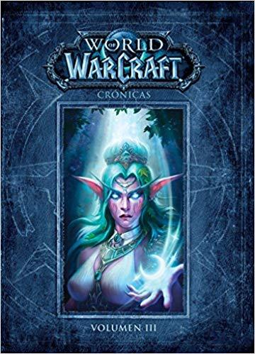 Portada del libro World of Warcraft Crónicas II, en el que se ve a Tyrande sosteniendo el símbolo de Elune: la luna.