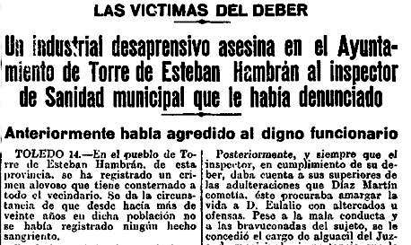 El Veterinario Asesinado tras denunciar a un lechero en La Torre de Esteban Hambram, 1929