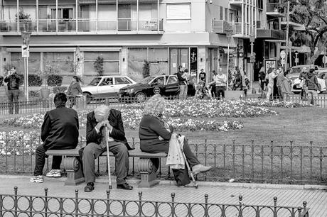 B&W. Adulto mayor sentado en banco de plaza recostado sobre su bastón.