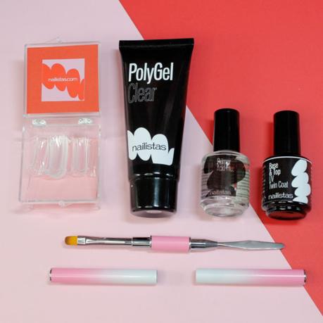 kit con bote de polygel primer top coat, moldes y pincel