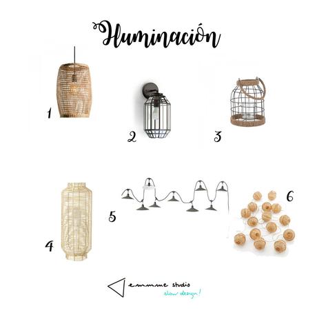 Las 5 claves para disfrutar de una terraza slow 1 Lámpara 2 Aplique 3 Portavelas 4 Lámpara suelo 5 Guirnalda 6 Guirnalda mimbre