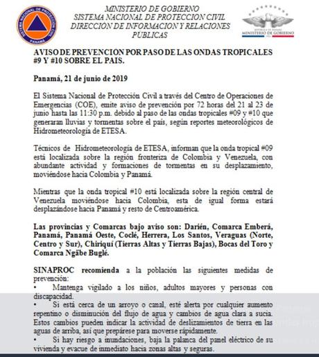 Sinaproc emite aviso de prevención por paso de ondas tropicales