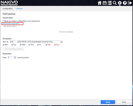 Configurar copia de seguridad del servidor de Nakivo B&R self backup Nakivo B&R