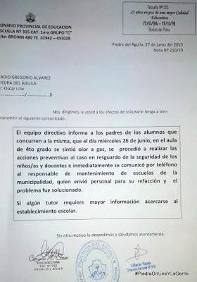 Olor a gas en una escuela de Piedra del Aguila