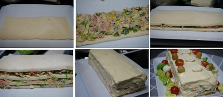 Pastel frío de pan de molde con atún