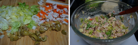 Pastel frío de pan de molde con atún