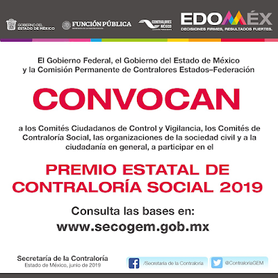 INVITAN A PARTICIPAR EN EL 11° PREMIO ESTATAL DE CONTRALORÍA SOCIAL 2019 INVITAN A PARTICIPAR EN EL 11° PREMIO ESTATAL DE CONTRALORÍA SOCIAL 2019