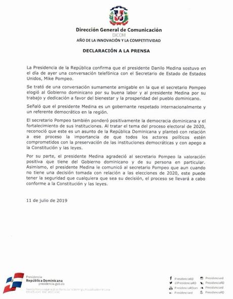 Decisión sobre reelección será bajo proceso constitucional y democrático, dice Danilo a Pompeo.