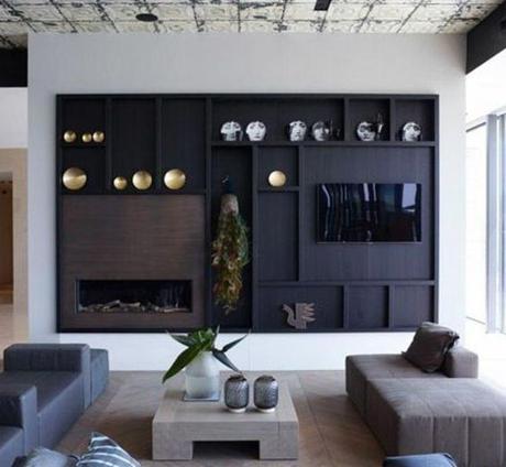 decoralinks | panel decorativo como soporte al televisor y la chimenea, en tono oscuro