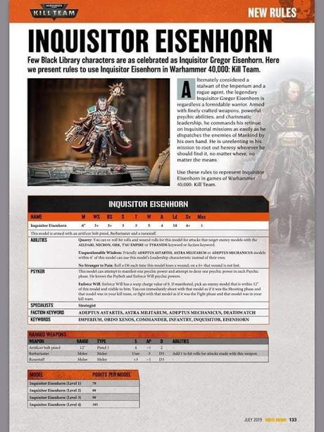 Perfil corregido del Inquisidor Eisenhorn para Kill Team