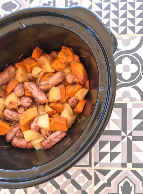 Salchichas con patatas y boniato. Receta en Slow-Cooker Salchichas con patatas y boniato. Receta en Slow-Cooker
