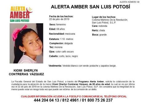 Alerta Amber en SLP para encontrar niña de 8 años