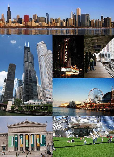 De arriba a derecha: Centro de Chicago, el Teatro de Chicago, Chicago 'L', Navy Pier, Millennium Park, el Field Museum, y la Torre Willis - Wikipedia
