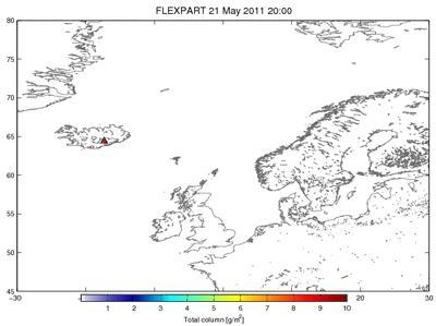 Volcán Grímsvötn: Imagen satélite y previsión de la evolución de ceniza
