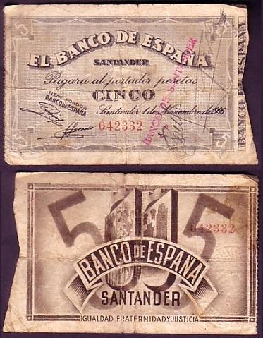 Billete de 5 pesetas de Santander