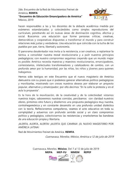 Declaratoria del 2o Encuentro de la Red de Movimientos Freinet de América