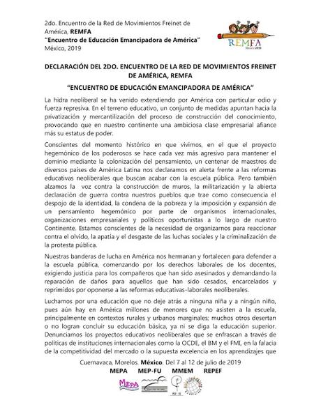 Declaratoria del 2o Encuentro de la Red de Movimientos Freinet de América