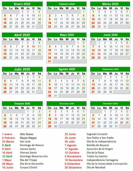 Calendario Festivos Colombia 2020