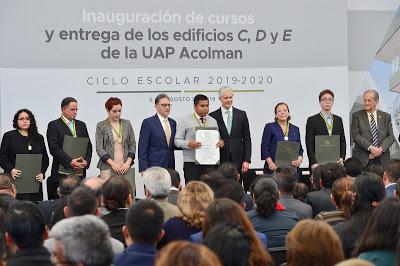 INAUGURA ALFREDO DEL MAZO CURSOS DEL CICLO ESCOLAR 2019-2020 DE LA UAEM Y ENTREGA NUEVOS EDIFICIOS A LA UNIDAD ACADÉMICA PROFESIONAL DE ACOLMAN