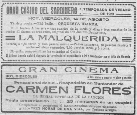 Santander hace 100 años:La Malquerida de Jacinto Benavente y la cupletista Carmen Flores