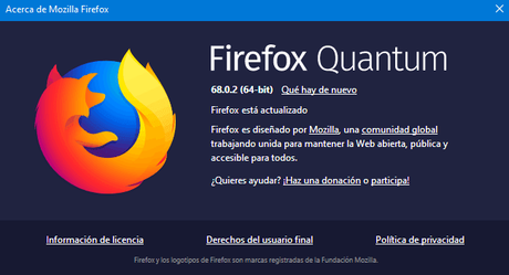 Información de la versión de Firefox 68.0.2 Información de la versión de Firefox 68.0.2
