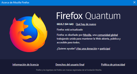 Información de la versión de Firefox 68.0.2