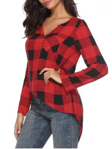 Roll Tab Sleeves Plaid High Low Blouse