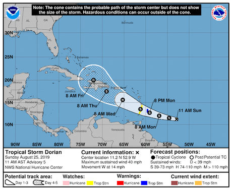 Tormenta Dorian se fortalecería en su curso hacia República Dominicana.