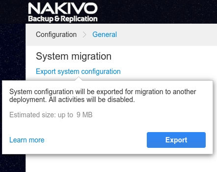 export configuration Nakivo