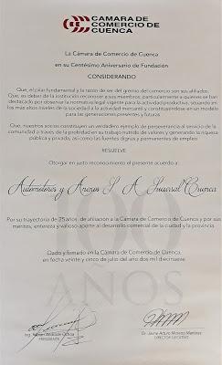 AUTOMOTORES Y ANEXOS S.A RECIBE CONDECORACIÓN DE LA CÁMARA DE COMERCIO DE CUENCA