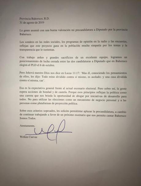 Welkin Cuevas renuncia a pre-candidatura a diputado por Bahoruco; explica razones .