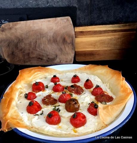 Tarta salada de ricotta, Cherrys  confitados en Masa Filo