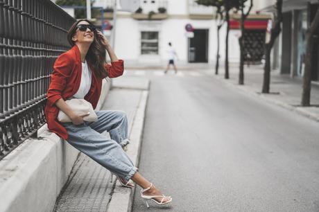 RED BLAZER + BOTTEGA VENETA SANDALS