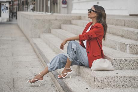 RED BLAZER + BOTTEGA VENETA SANDALS