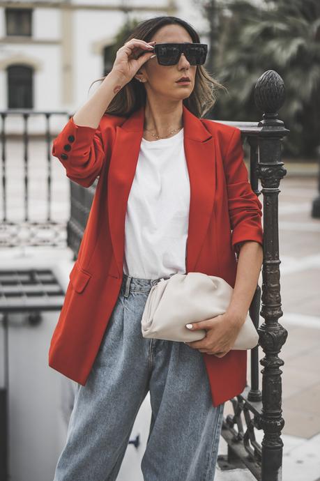 RED BLAZER + BOTTEGA VENETA SANDALS