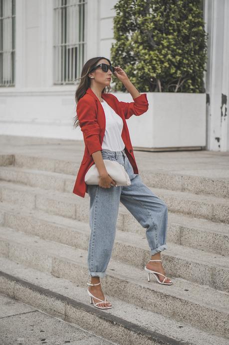 RED BLAZER + BOTTEGA VENETA SANDALS