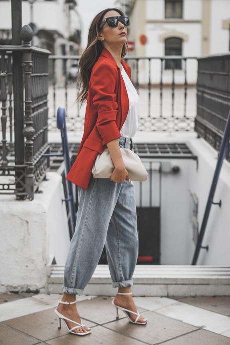 RED BLAZER + BOTTEGA VENETA SANDALS