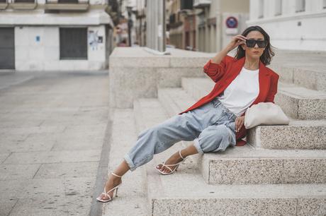 RED BLAZER + BOTTEGA VENETA SANDALS