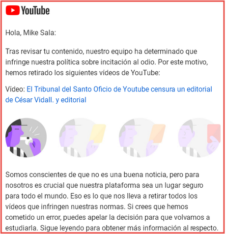 Y el Tribunal del Santo oficio de Youtube censura mi vídeo de apoyo