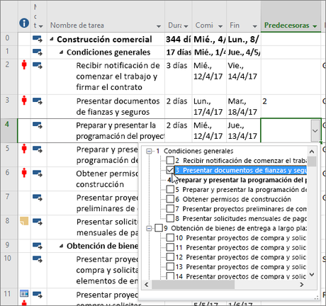 vinculación de tareas en el menú desplegable