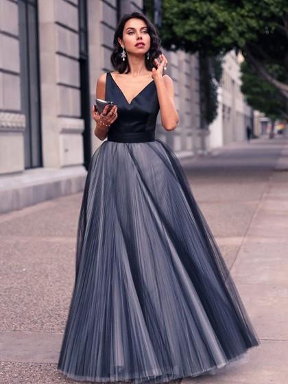 Vestidos de fiesta de princesa con cuello en V de satén de tul plisados ​​hasta el suelo # UKM020102454