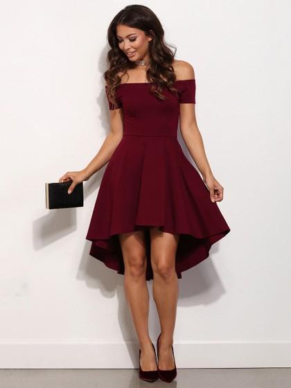 Vestidos de fiesta asimétricos de raso con hombros descubiertos y una línea # UKM020103520