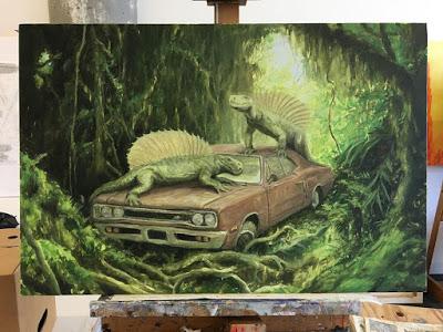 Automóviles y animales extintos en los cuadros de Michael Kerbow