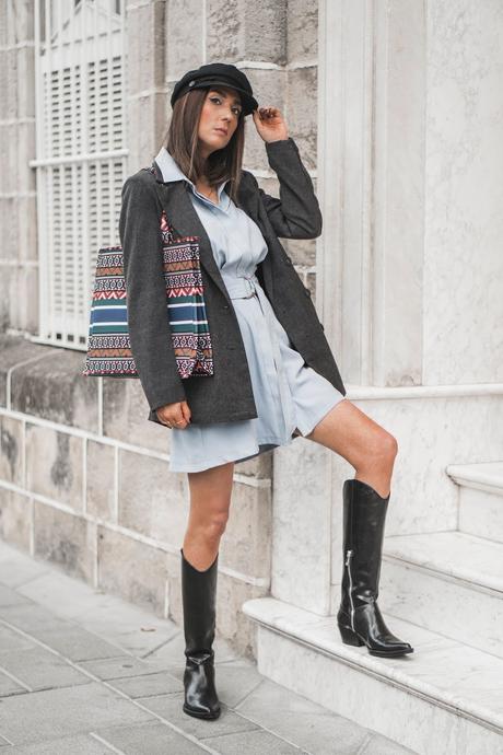 BLUE DRESS+COWBOY BOOTS+THE PERFECT BAG