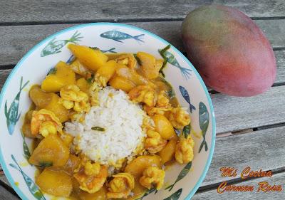 MANGO Y LANGOSTINOS AL CURRY CON ARROZ JAZMIN