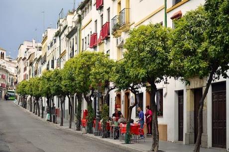 Foto de una calle de España donde se aprecia gente tomando café en la calle.