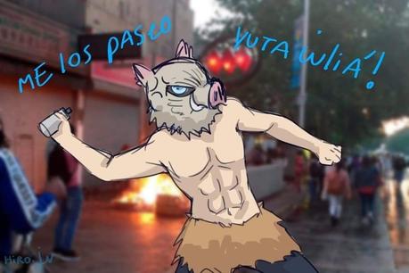 Artistas emplean a Inosuke de ''Kimetsu no Yaiba'', para apoyar protestas en Chile