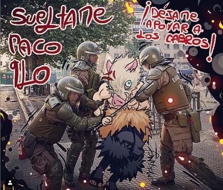 Artistas emplean a Inosuke de ''Kimetsu no Yaiba'', para apoyar protestas en Chile