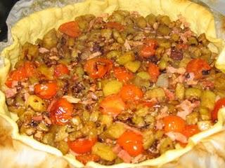 Quiche de berenjenas con bacón y pimientos del cristal